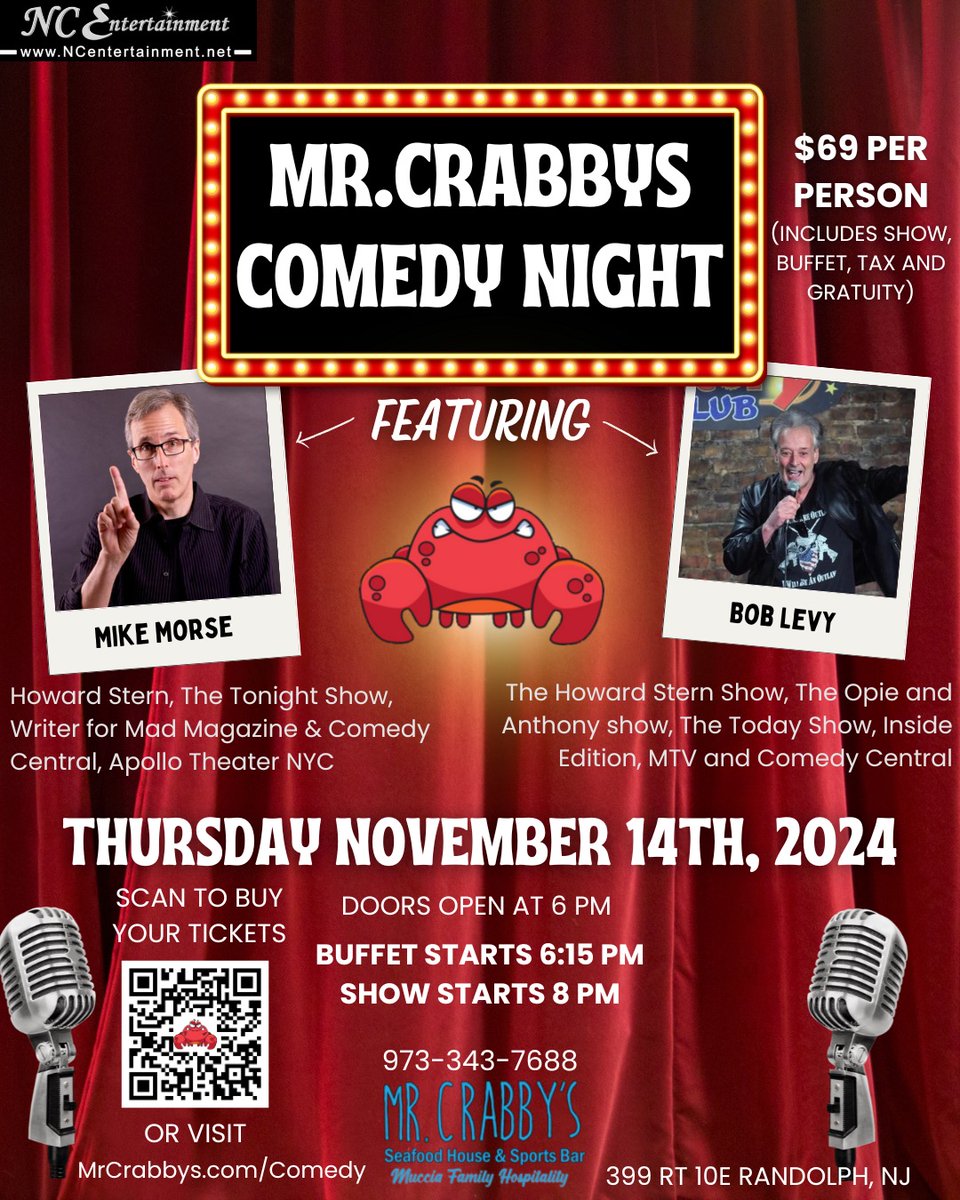 ONE WEEK FROM TODAY!  Come get Crabby with me and Rev Bob Levy in scenic Randolph, NJ!  Seafood and see comedy!