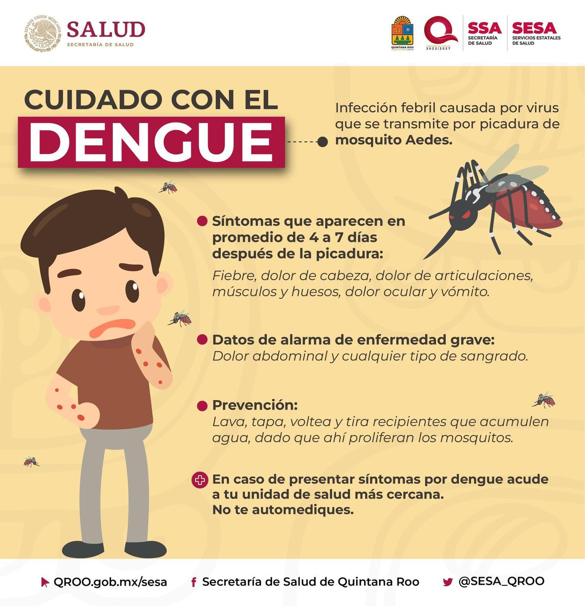 ¡Cuidado con el dengue! 🦟 Es una enfermedad viral transmitida por el mosquito aedes aegypti. Si presentas síntomas como fiebre alta, dolor de cabeza, dolor muscular y de articulaciones, acude a tu centro de salud más cercano. No te automediques, tu salud es primero. 🏥