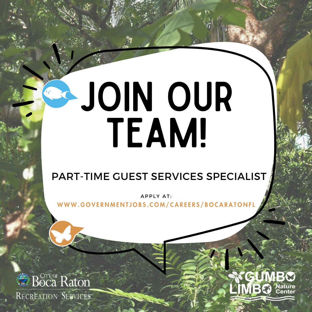 We're hiring two part time positions: Environmental Educator and Guest Services Specialist! ✨🙌 Apply here: governmentjobs.com/#bocarecreatio…

#LoveGumboLimbo #BocaRec
