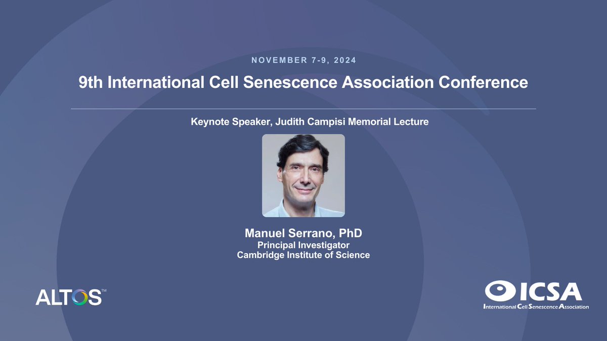 Altos Labs (@altos_labs) on Twitter photo Dr. Manuel Serrano will be the keynote speaker for the Judith Campisi Memorial Lecture at this year's <a href="/ICSA_senescence/">International Cell Senescence Association</a> Conference in Puerto Varas, Chile. Learn more here: icsa2024puertovaras.com Dr. Manuel Serrano will be the keynote speaker for the Judith Campisi Memorial Lecture at this year's <a href="/ICSA_senescence/">International Cell Senescence Association</a> Conference in Puerto Varas, Chile. Learn more here: icsa2024puertovaras.com