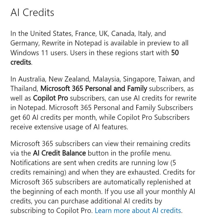 arekfurt's tweet photo. Oh, I just saw that it's actually even better than that:

Notepad will now be a vector for up-selling you.😵‍💫

So if you're writing that term paper--in *Notepad*--and you want to rely heavily on integrated Gen AI help, make sure you keep track of your credits or buy CoPilot. https://t.co/awjL7ld2RP