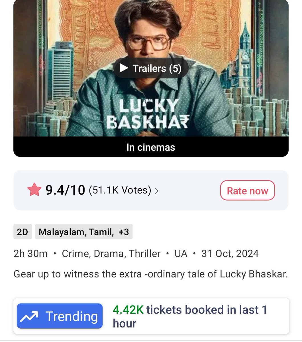 AbGeorge_'s tweet photo. Day 8 - 4.42K tickets sold for #LuckyBaskhar in the last hour 👏 

Good Going 👏

@dulQuer #DulquerSalmaan https://t.co/Fkdocr1cSO