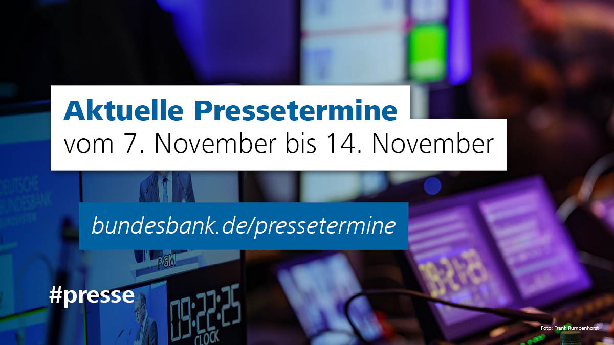 Aktuelle #Pressetermine vom 7. November bis 14. November, u.a. mit der Teilnahme von #BurkhardBalz bei den Frankfurter Gesprächen und der Vizepräsidentin #SabineMauderer auf der <a href="/COP29_AZ/">COP29 Azerbaijan</a> Klimakonferenz in Aserbaidschan.

Mehr 👉 bundesbank.de/pressetermine #COP29 #COP29Azerbaijan