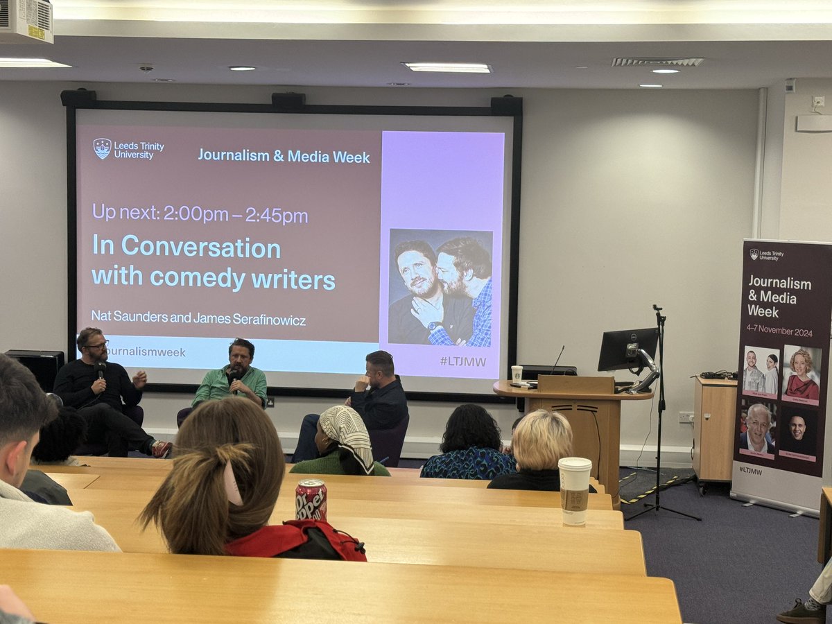 Really enjoying the interview with In Conversation with Comedy Writers! A very funny and interesting talk held here at <a href="/LeedsTrinity/">Leeds Trinity University</a> for #LTJMW