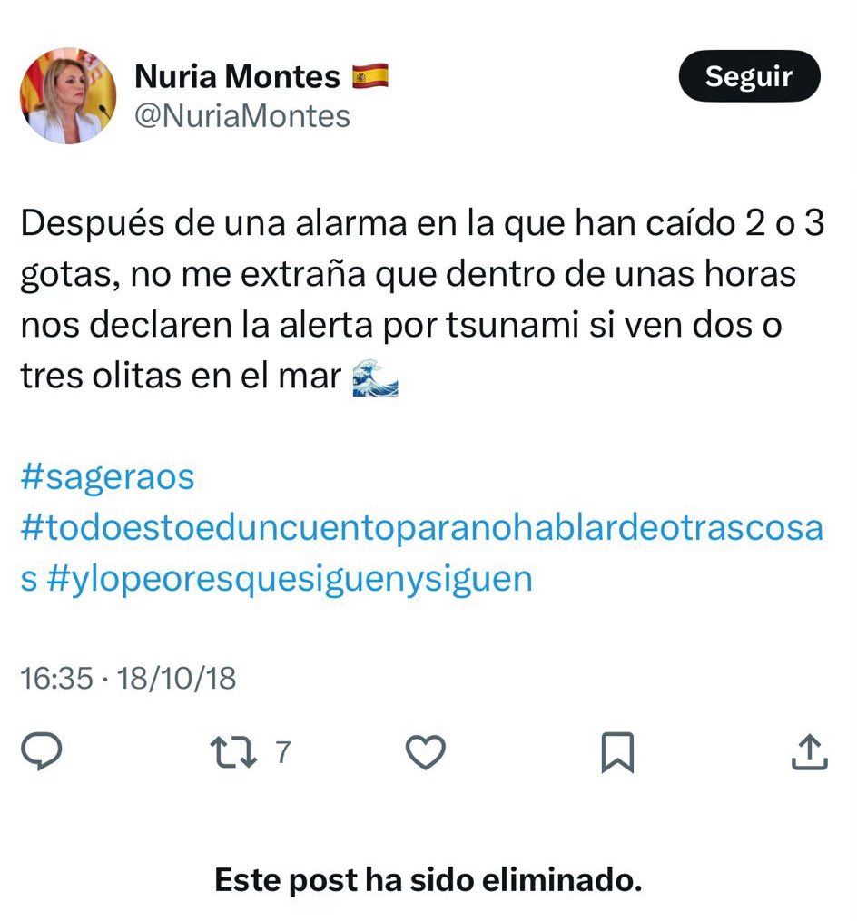 ¡Difunde por favor! 
<a href="/NuriaMontes/">Nuria Montes 🇪🇸</a> no quiere que veas este tuit, donde se burla de las alertas. Lo ha borrado la muy miserable.