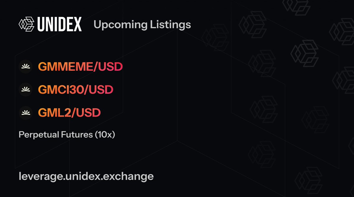 UniDexFinance's tweet photo. 🚨 NEW LISTINGS ANNOUNCEMENT 🚨

This cycle it's all about memes, but it's not easy to pick the next runners!

For those who just want to trade a basket of memes, #UniDex has got you covered. We just listed the following indices:

- GMMEME
- GMCI30
- GML2

More details below 👇 https://t.co/GiRLDbUlw8