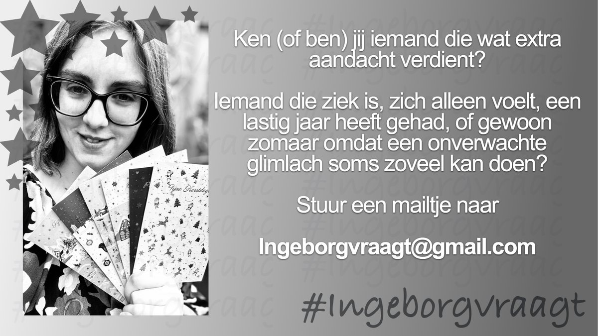 Ingeborgvraagt's tweet photo. #IngeborgVraagtStuurtEenKaart

Voel je alsjeblieft niet beschaamd om jezelf of iemand anders aan te melden voor de #kaartenactie. 

De eerste 5 kaartjes zijn vandaag al geschreven, en er is helemaal geen reden nodig om een kaartje te ontvangen. Iedereen kan namelijk wel wat extra warmte gebruiken in de donkere dagen. 

Stuur gerust een mailtje naar: Ingeborgvraagt@gmail.com

Alles ligt klaar om een klein beetje warmte en licht te verspreiden! 🌟 #IngeborgVraagt