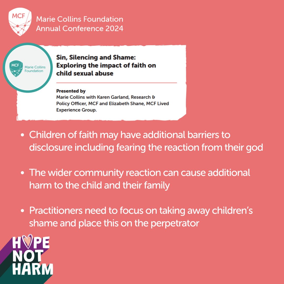 MCFcharityUK's tweet photo. @Ofcom @nibzy @tiktok_uk Marie Collins, Elizabeth and Karen Garland have just delivered an insightful session on the role of faith in disclosures of child sexual abuse. 

Here are some of the key take away points:
#HopeNotHarm #MCFConference24 #TACSA https://t.co/0Eo1Tbi5au