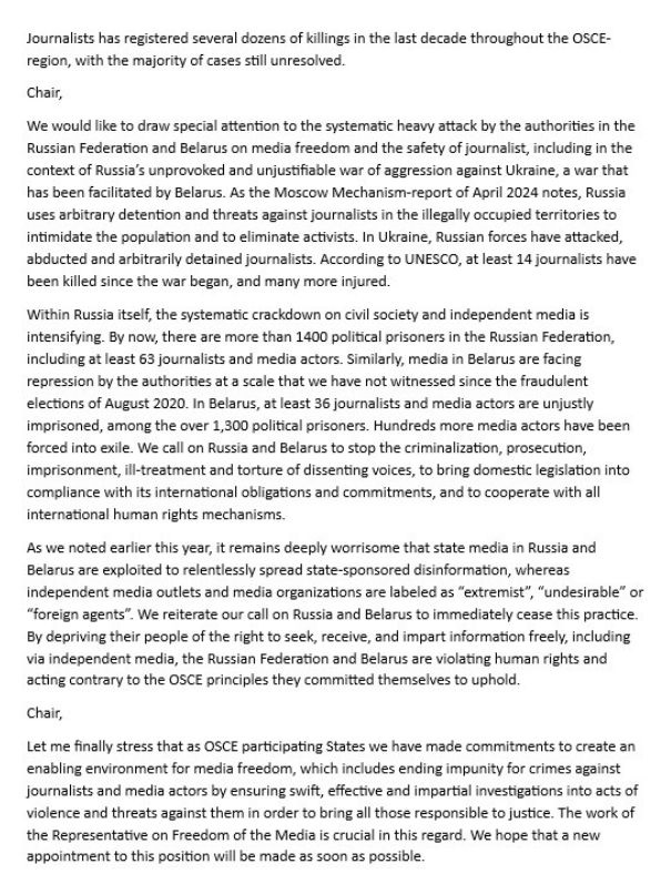 SwedeninATOSCE's tweet photo. In today’s @osce PC meeting, @sojosce commemorated the 10th anniversary of the International Day to End Impunity for Crimes against Journalists &amp; reaffirmed our unwavering commitment to protect journalists &amp; media actors – the champions of truth &amp; accountability. Full statement⬇️ https://t.co/FUbizjpeQk