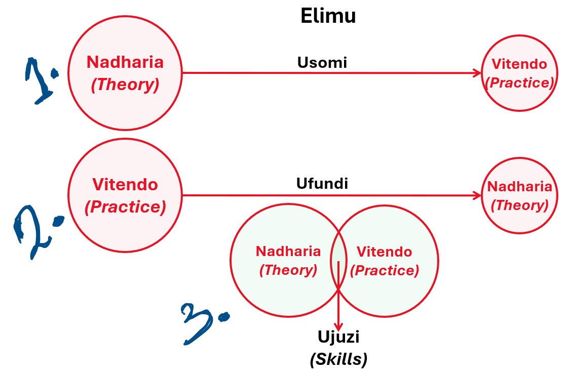KWENYE elimu:
1. Ukiwa na nadharia kubwa na vitendo kidogo unakuwa msomi, schooled. Na hawa ni wengi zaidi.

2. Ukiwa na mafunzo ya vitendo sana, lakini nadharia kidogo tu, unaitwa fundi, technical. Na hili nalo ni kundi kubwa.

3. Ukiwa na uwiano mzuri wa nadharia na vitendo kwa