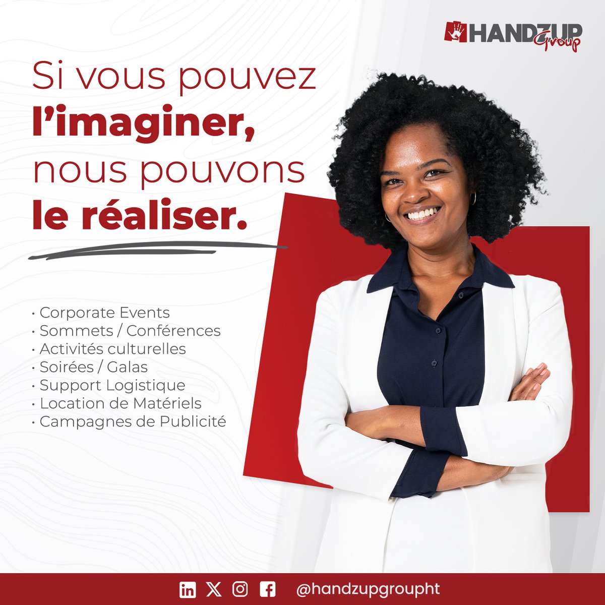 Pour vos besoins en support logistique, en plannification et gestion d'événements, placement média, en mentoring et consultation, nous vous proposons un service de qualité et mettons nos nombreuses années d'experience à votre disposition. 

#HandzupGroup #Haiti #Event #Logistics