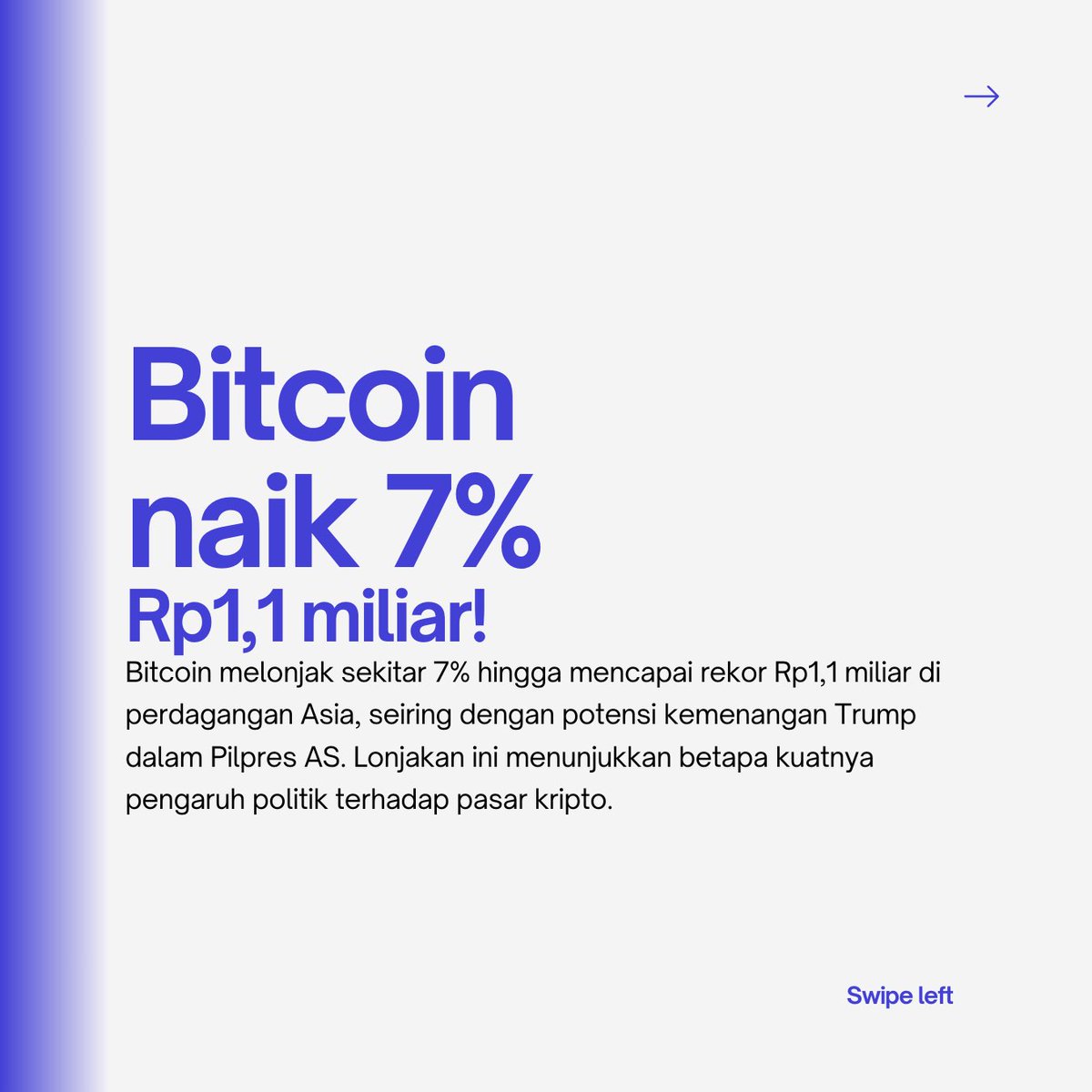 kabarAsuransi1's tweet photo. 🚀 Harga Bitcoin pecah rekor Rp1,1 Miliar di tengah ketatnya Pilpres AS! Seiring Trump yang sementara unggul, pasar kripto berikan respons positif dengan ekspektasi regulasi yang mendukung. Swipe untuk tahu lebih banyak! 🚀💸 #Bitcoin2024 #PilpresAS #CryptoNews #MarketUpdate https://t.co/kIQMVWyWVO