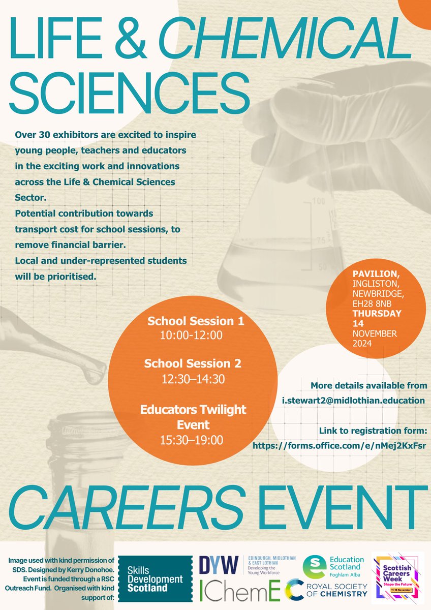 One Week To Go!
Life &amp; Chemical Sciences Careers Event is shaping up to be an amazing event!
School Sessions are full!
Would be great see many teachers and educators along in Twilight Session!

#OutreachFund from <a href="/RoySocChem/">Royal Society of Chemistry</a> 
Part of <a href="/skillsdevscot/">Skills Development Scotland</a> Careers Week (#ShapeTheFuture)