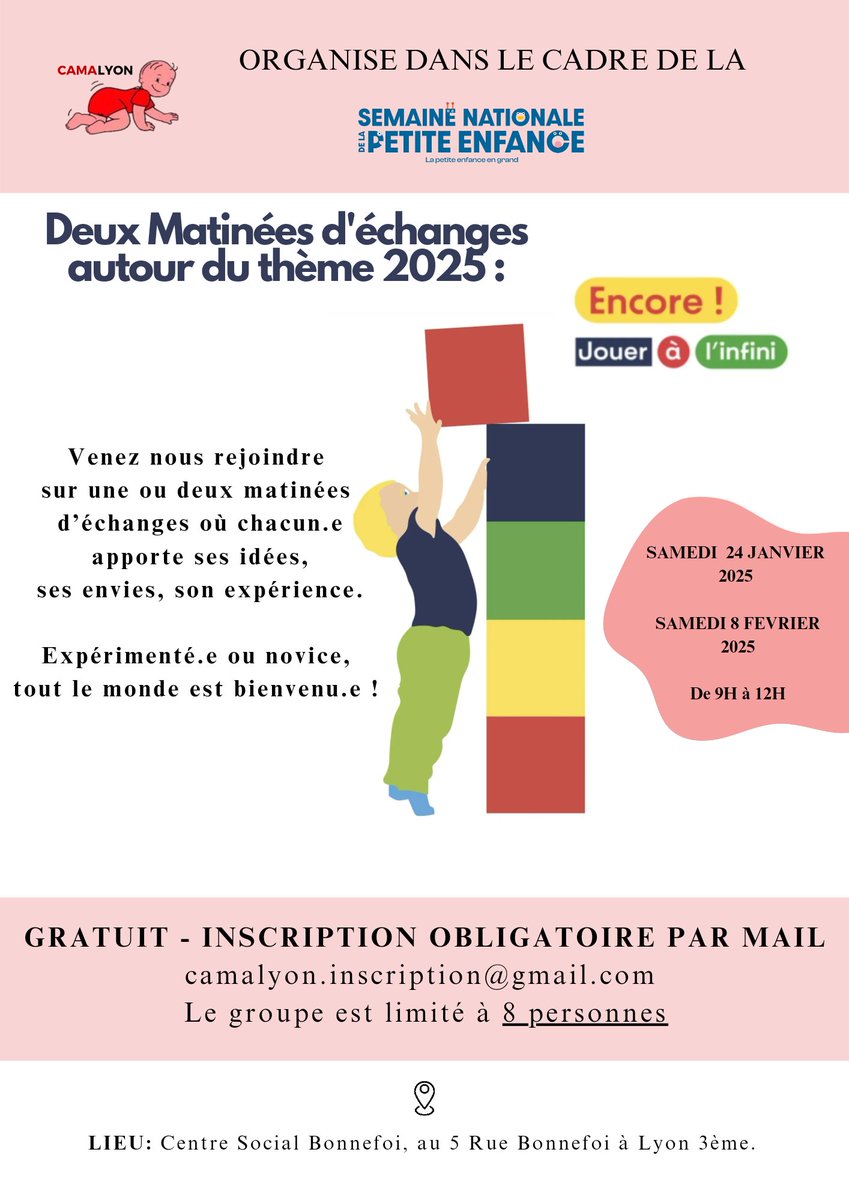 Camalyon3's tweet photo. La thématique cette année pour la 12ème Semaine Nationale de la Petite Enfance est :
“Encore ! Jouer à l’infini”

Venez nous rejoindre sur une ou deux matinées d’échanges où chacun.e apporte ses idées, ses envies.

Expérimenté.e ou novice, tout le monde est bienvenu.e ! https://t.co/bJUnjiZ9rz