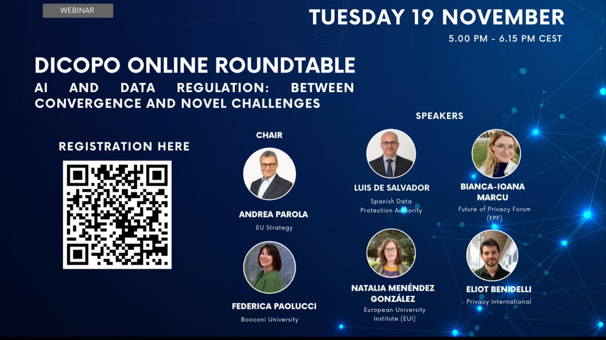 This is a non-stop! 🔥 The next Digital Constitutionalism Roundtable together with <a href="/medialaws/">MediaLaws</a> and DICOPO will take place on 19 November at 17 CET. Andrea Parola, <a href="/FPaolucci_/">Federica Paolucci</a>, Luis de Salvador, <a href="/NataliaMenndez2/">Natalia Menéndez González (she/her)</a>, <a href="/biancamarcu2/">Bianca-Ioana Marcu</a> and <a href="/Bendineliot/">Eliot Bendinelli</a> will discuss AI and data regulation 👇🏻