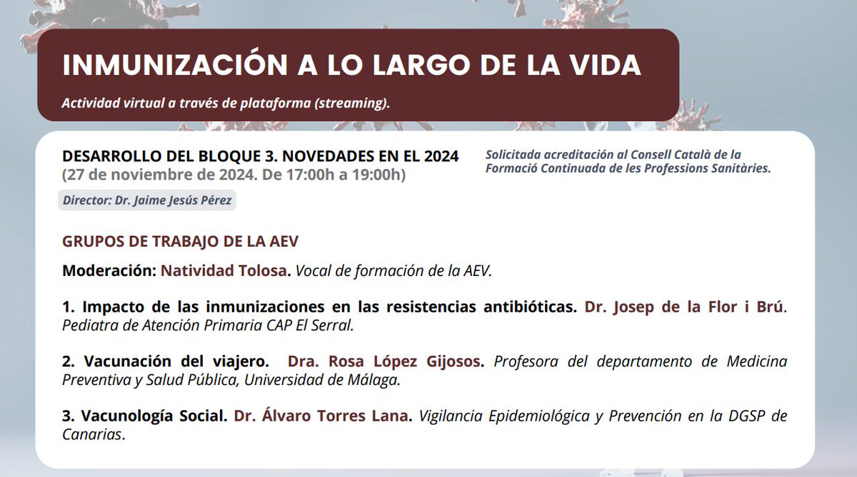 🗓️👉El próximo 27 de noviembre, llega el tercer bloque del programa formativo de <a href="/AEV_Vacunas/">Vacunas.org</a>, Inmunización a lo largo de la vida, en el que conoceremos un poco más a fondo la labor de los grupos de trabajo de la Asociación Española de Vacunología.

¡Inscripciones