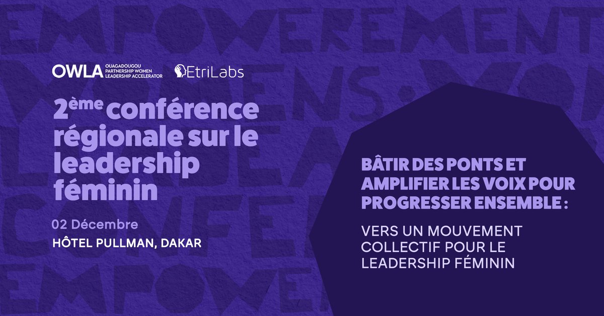 📢 Marquez vos Agendas

🗓 Rejoignez-nous le 2 décembre à Dakar, Sénégal, pour la 𝟮𝗲̀𝗺𝗲 𝗖𝗼𝗻𝗳𝗲́𝗿𝗲𝗻𝗰𝗲 𝗥𝗲́𝗴𝗶𝗼𝗻𝗮𝗹𝗲 𝘀𝘂𝗿 𝗹𝗲 𝗟𝗲𝗮𝗱𝗲𝗿𝘀𝗵𝗶𝗽 𝗙𝗲́𝗺𝗶𝗻𝗶𝗻 placée sous le thème "𝘽𝙖̂𝙩𝙞𝙧 𝙙𝙚𝙨 𝙥𝙤𝙣𝙩𝙨 𝙚𝙩 𝙖𝙢𝙥𝙡𝙞𝙛𝙞𝙚𝙧 𝙡𝙚𝙨 𝙫𝙤𝙞𝙭