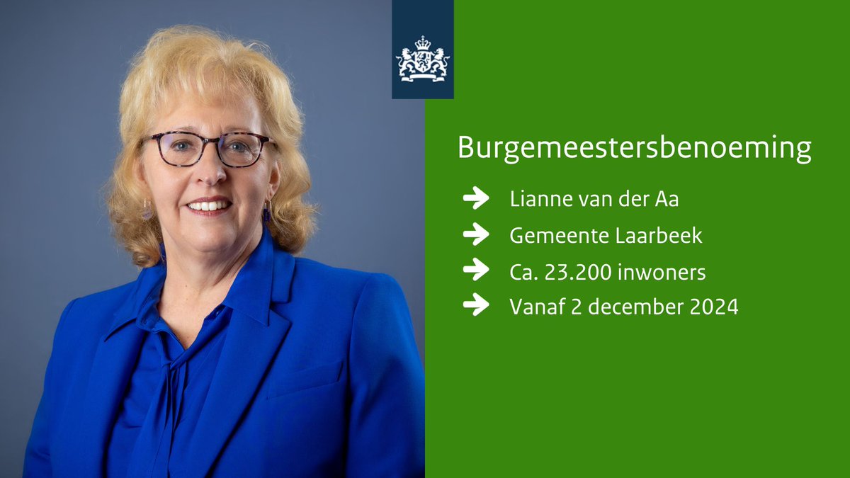 Lianne van der Aa wordt de nieuwe burgemeester van de gemeente Laarbeek. De benoeming gaat op 2 december in.  

Lees hier meer ⬇️
nieuwsbzk.nl/2922363.aspx?t…