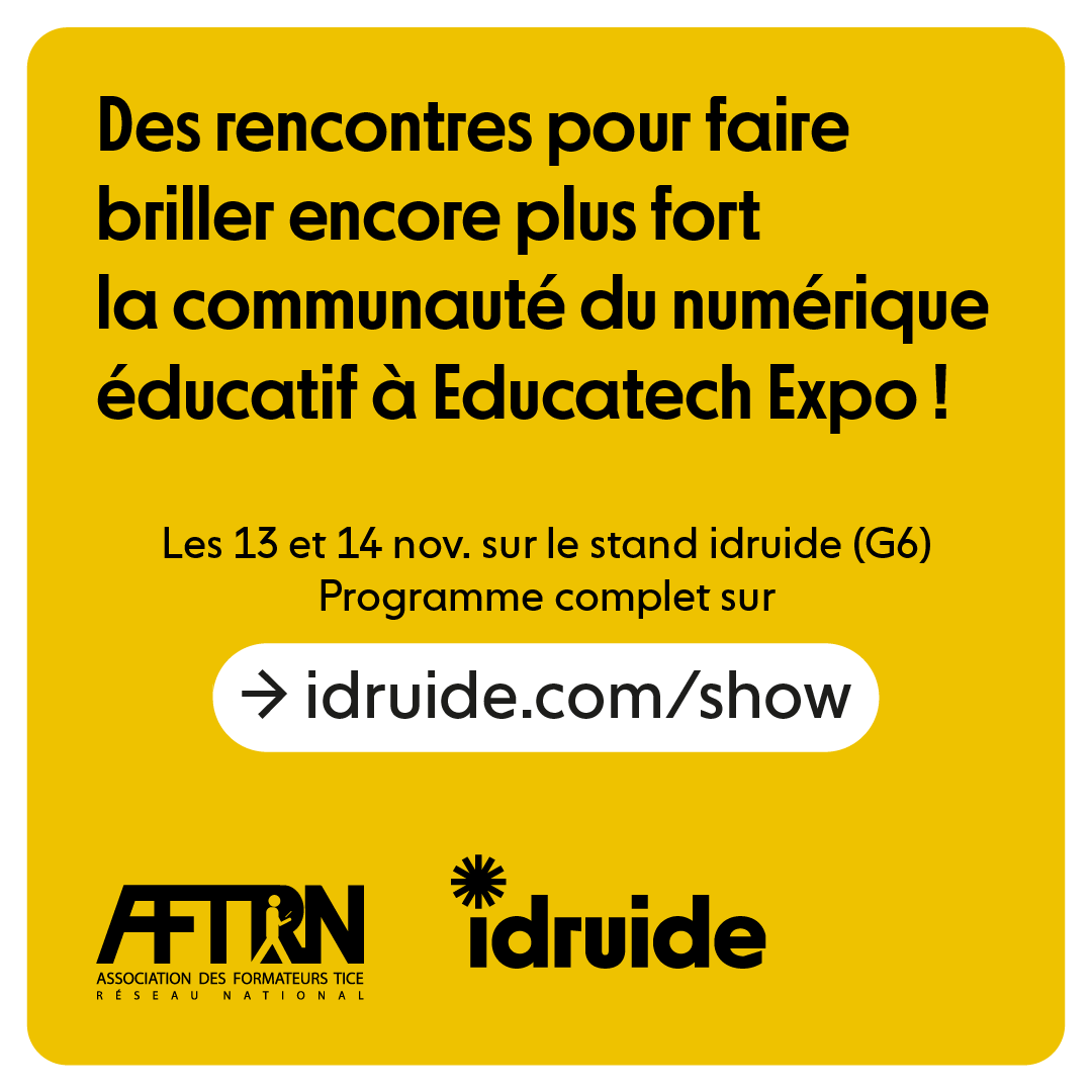📝 Votre programme pour <a href="/educatechexpo/">Educatech Expo</a> est-il déjà bouclé ? On espère qu’il vous reste de la place 💛 En partenariat avec l'<a href="/AftrnTice/">Association des Formateurs TICE</a>  et <a href="/NewsTankEduc/">News Tank éducation et recherche</a> nous vous donnons rendez-vous au stand idruide (G6) pour des rencontres brillantes 👉  idruide.com/show