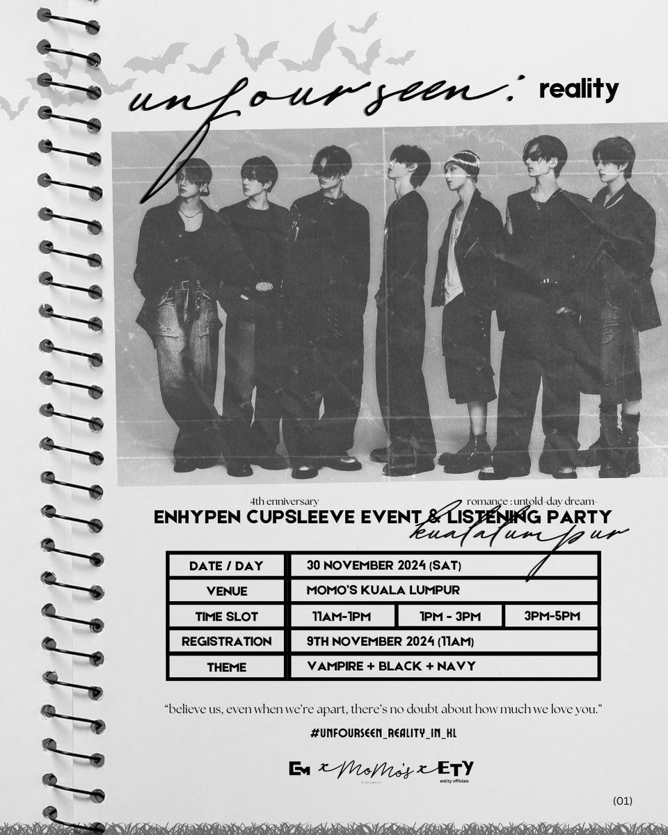 ENHYPENMalaysia's tweet photo. 🦇𝔲𝔫𝔣𝔬𝔲𝔯𝔰𝔢𝔢𝔫 : 𝔯𝔢𝔞𝔩𝔦𝔱𝔶 🦇

🗓️ : 30/11/2024

🕒 : 11am-1pm, 1pm-3pm, 3pm-5pm

📍 : Momo's Kuala Lumpur

RSVP : 9/11/2024, 11AM

Theme : Vampire 🦇/ Black 🖤/ Navy blue💙

#unfourseen_reality_in_KL #ENHYPEN https://t.co/IiYHeMAuoN