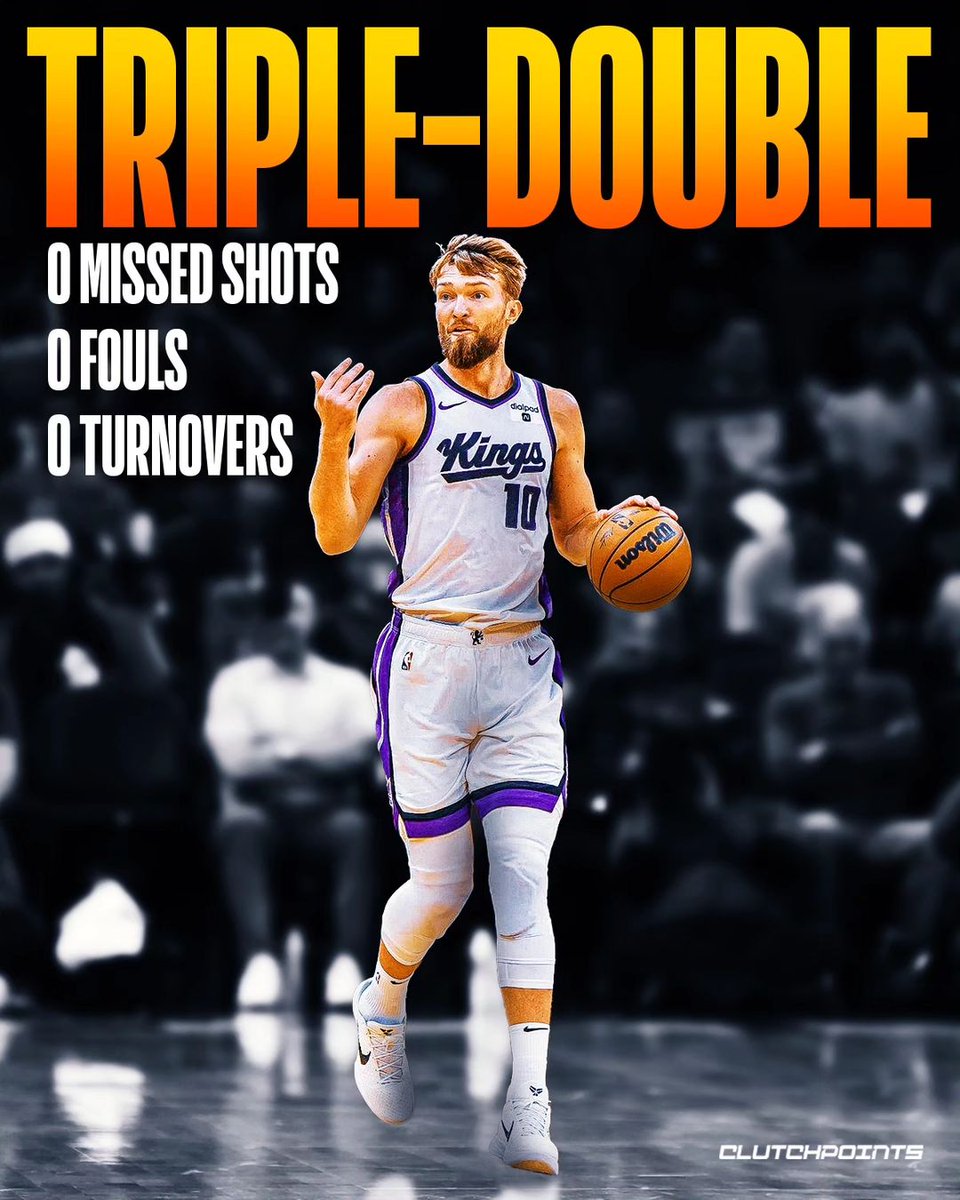 Domantas Sabonis is in a league of his own!

Domas becomes the FIRST player in NBA history to record a triple-double without missing a shot (from the field or free throw line) and without committing a turnover or a personal foul 🤯

🔸 34 minutes
🔸 17 points
🔸 11 rebounds
🔸 13