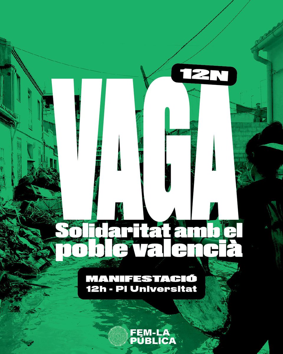 🔴 Vaga 12N: solidaritat amb el poble valencià!

Fem-la Pública ens adherim a la vaga convocada arreu dels Països Catalans en solidaritat amb les afectades per la DANA al País Valencià.