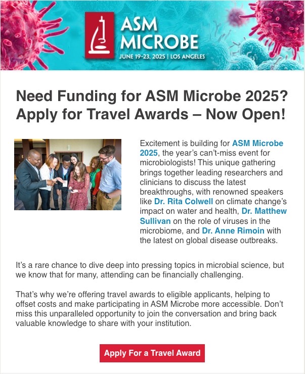 🌍 Need funding to attend #ASMMicrobe 2025? Travel Awards are now open! Apply early to secure your spot—deadline: Dec. 3, 2024. Don’t miss this chance! ✈️🔬 #Microbiology #ScienceFunding #TravelAwards
<a href="/ASMicrobiology/">ASM</a>