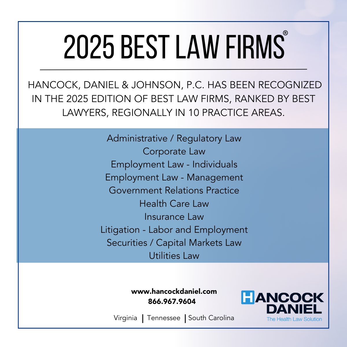 Thrilled to announce that Hancock, Daniel &amp; Johnson, P.C. has been recognized in the 2025 edition of Best Law Firms by Best Lawyers®, earning regional rankings in 10 practice areas!