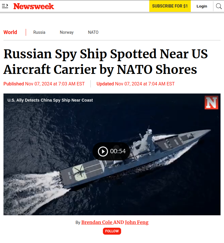 Excellent article about the 🇷🇺 Russian Navy (GUGI) AGOR Yantar (MMSI:273546520) operating off the coast of Norway 🇳🇴 by @BrendanMarkCole and <a href="/JohnFeng/">John Feng</a> for <a href="/Newsweek/">Newsweek</a>.

newsweek.com/russia-yantar-…