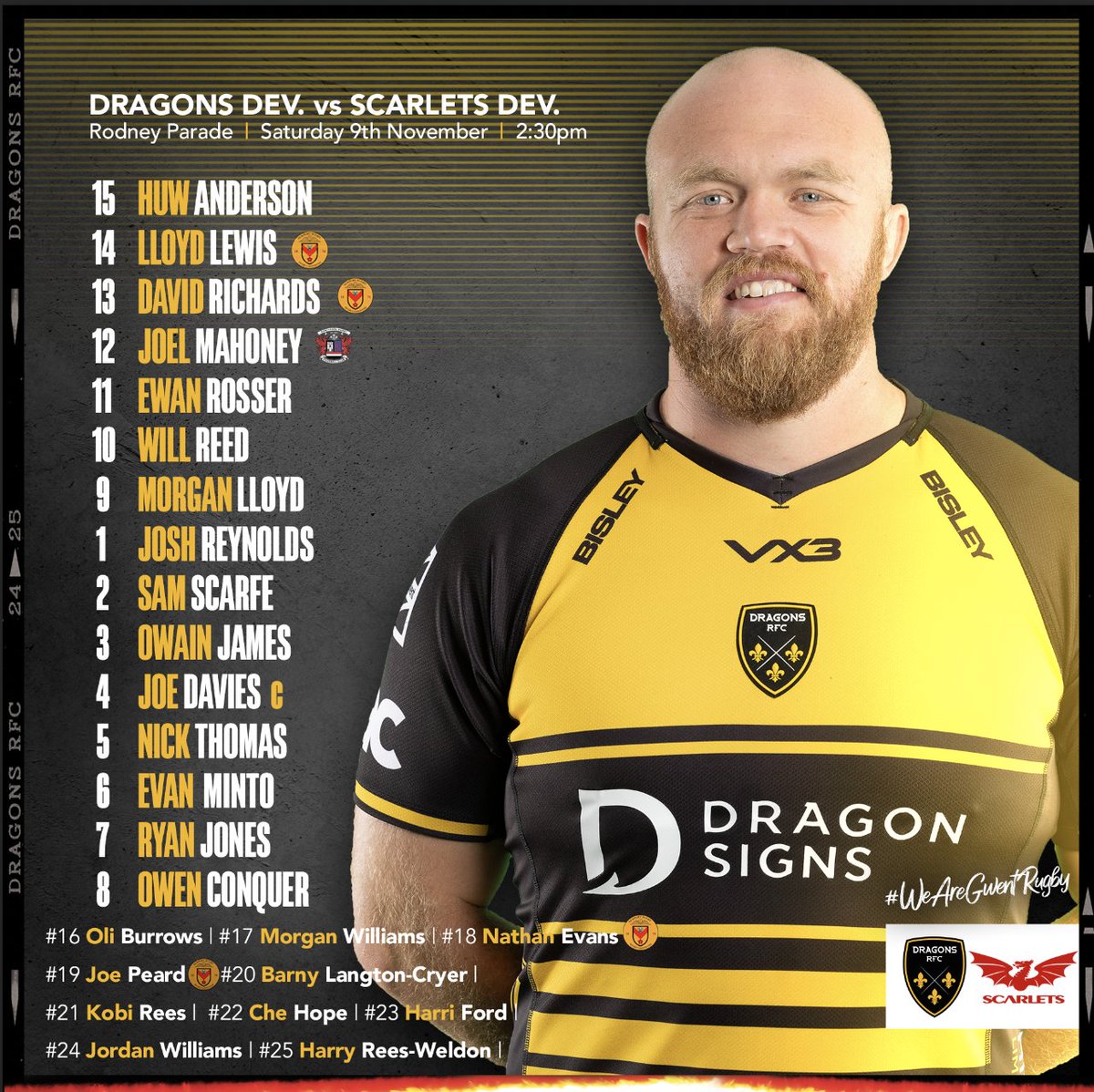 💥 𝙏𝙀𝘼𝙈 | Here is your Dragons Development team for our 🏡 friendly 🆚 <a href="/scarlets_rugby/">Scarlets Rugby</a> Development ⤵️

🧑‍✈️ Davies to lead team
🤝 Richards, Lewis, Peard &amp; Evans from <a href="/NewportRFC/">Newport RFC 1️⃣5️⃣0️⃣</a>
🔥 Mahoney from <a href="/PontypoolRFC/">Pontypool RFC</a> 
🎟️ eticketing.co.uk/dragons/
🆓 entry for Members

#WeAreGwentRugby