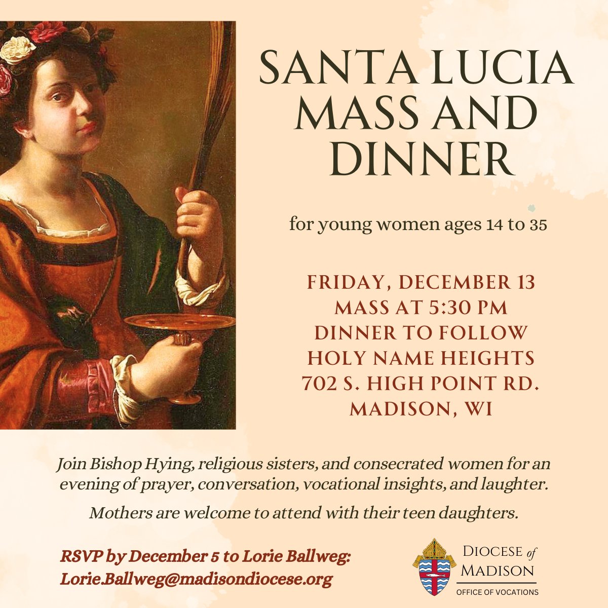 MadisonDiocese's tweet photo. Young women in the Diocese of Madison are invited to our Vocations Office's Santa Lucia Dinner! 

#VocationsAwarenessWeek #PrayForVocations https://t.co/6S8gpmkcWR