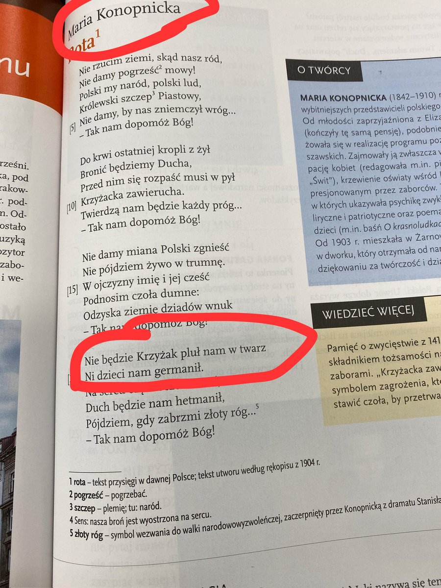 EwkaP39's tweet photo. Proszę państwa jak ktoś z Was uczył się "Roty" to wyglądała? Tak jak przedstawiona poniżej w podręczniku do języka polskiego? Może znajdziecie różnice?
"NIE BĘDZIE NIEMIEC PLUŁ NAM W TWARZ
NI DZIECI NAM GERMANIŁ."  

PS.Mam nadzieję, że wszystko wróci do swojego poprzedniego stanu nim moja córka pójdzie do szkoły bo nie ręczę za siebie jak ktoś skrzywdzi ją obniżeniem oceny za wersję prawidłową!

@CzarnekP @piotr_physic @RBakiewicz
@RepublikaTV
#PrzyjacieleRepubliki #edukacja