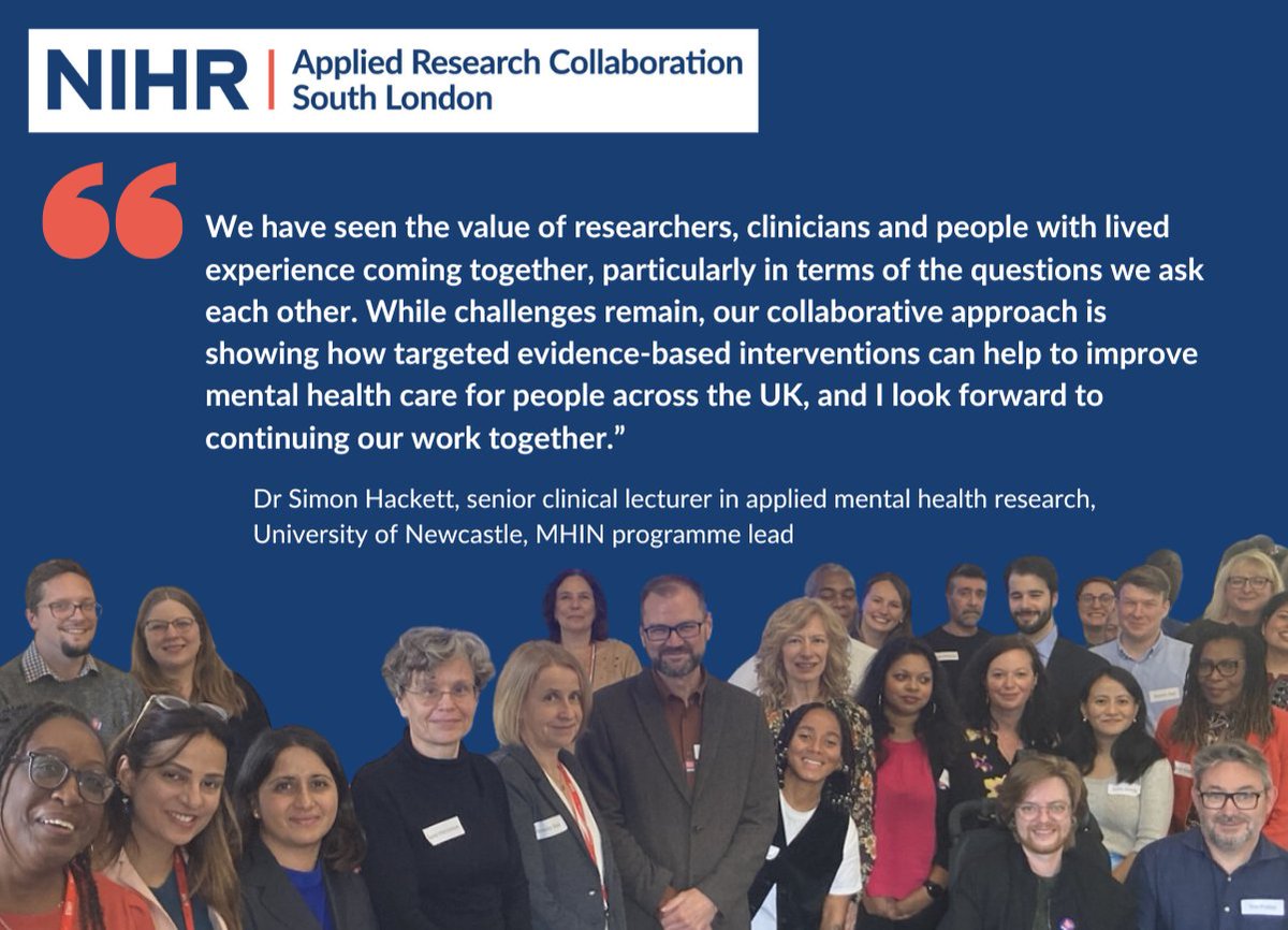 NIHR ARC South London (@arc_s_l) on Twitter photo Researchers and public involvement members from the NIHR Mental Health Implementation Network (MHIN) came together at <a href="/KingsCollegeLon/">King's College London</a> to share their progress on implementing nationwide interventions to improve mental health care.
tinyurl.com/7ntk8283 Researchers and public involvement members from the NIHR Mental Health Implementation Network (MHIN) came together at <a href="/KingsCollegeLon/">King's College London</a> to share their progress on implementing nationwide interventions to improve mental health care.
tinyurl.com/7ntk8283