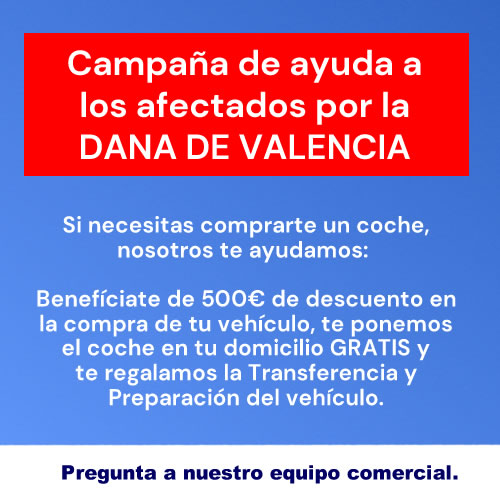 🌧️💙 Desde <a href="/carsycars/">Cars&Cars</a> queremos expresar nuestro apoyo y solidaridad con los afectados por la DANA en Valencia.🚗Si necesitas un vehículo, queremos ayudarte: ✨ 500€ DTO. en la compra del coche. ✨ Entrega GRATIS en tu domicilio. ✨Transferencia sin coste. bit.ly/4fCVuBS