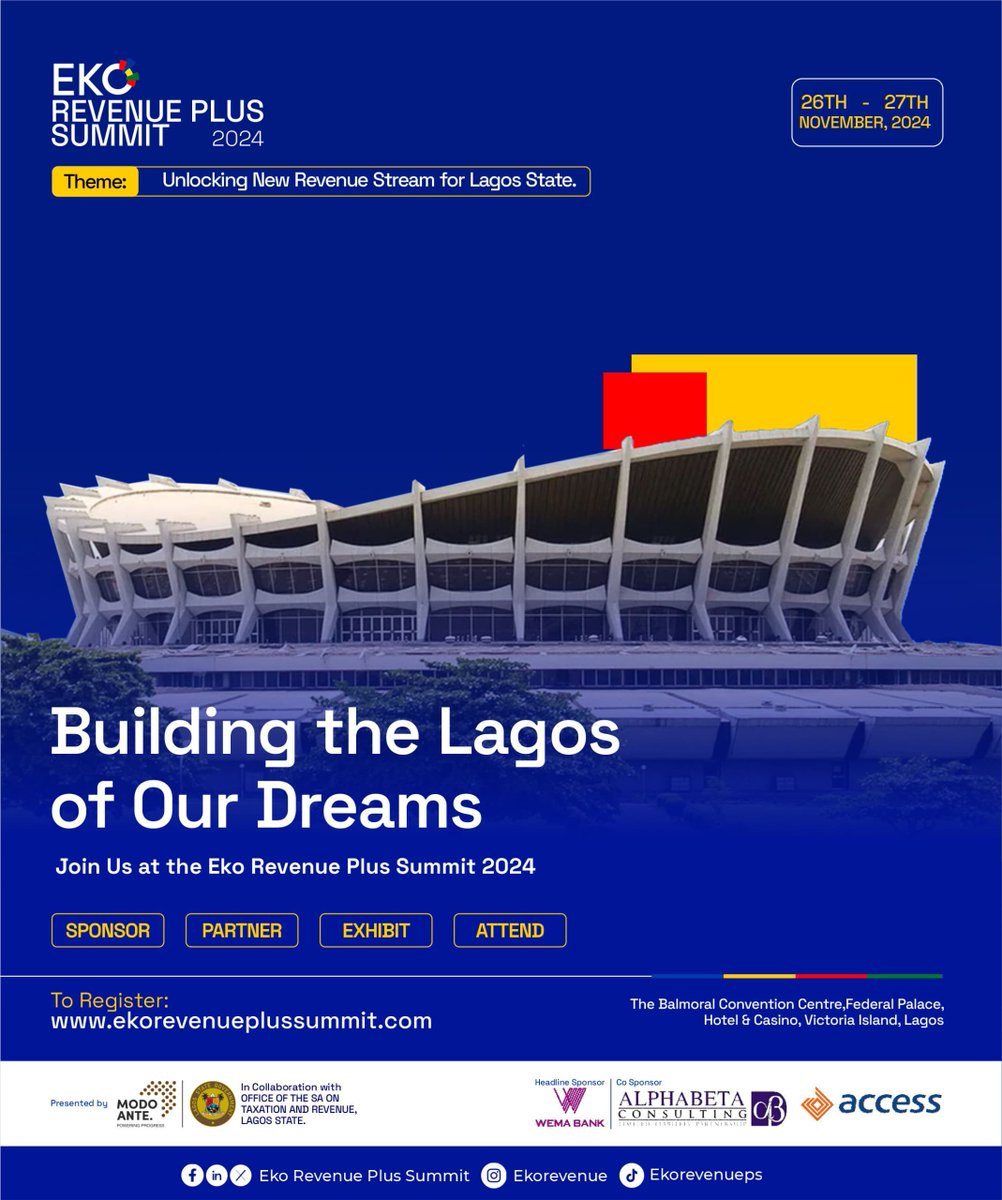 Let’s build the Lagos of our dreams! Join us on Nov 26-27 at the #EkoRevenuePlus Summit 2024 with leaders like Gov. Babajide Sanwo-Olu &amp; Finance Minister Wale Edun. It’s time for collaboration, growth, and action! 
#LagosEconomy 
#FutureofLagos 
#EconomicGrowth 
#EkoSummit2024