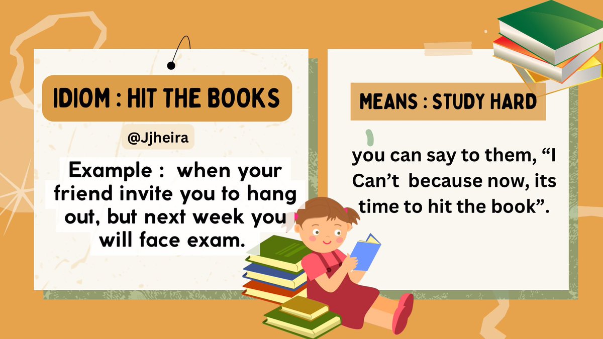Hi English learners!
have you heard about this Idiom? 
HIT THE BOOKS! 📚

wah apa artinya nih, langsung simak dibawah ya! 😇
.
#englishclub  #learnenglish 
#englishidiom #Fondi_fun 
#englishwithjheira