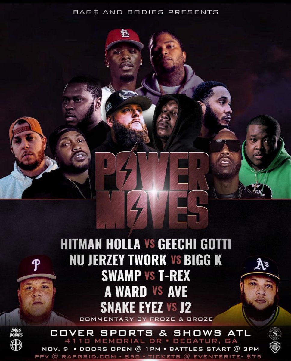 Rap Grid (@rapgrid) on Twitter photo Only 48 hours to go till the biggest event of the year! Don't miss this star-studded lineup presented by Bag$ and Bodies Battle League!🔥🔥
Featuring:
➡️<a href="/HitmanHolla/">#BallGame✌</a> vs <a href="/bigGeechiMbb/">The Motion Man</a>
➡️<a href="/NUJERZEYTWORK/">NEW JEROOZ</a> vs <a href="/BiggKTV/">K</a>
➡️ <a href="/Iam_AWard/">A.WARD</a> vs <a href="/Sharkcity_Ave/">AVE 🦈</a>
& More!
Don’t miss this Only 48 hours to go till the biggest event of the year! Don't miss this star-studded lineup presented by Bag$ and Bodies Battle League!🔥🔥
Featuring:
➡️<a href="/HitmanHolla/">#BallGame✌</a> vs <a href="/bigGeechiMbb/">The Motion Man</a>
➡️<a href="/NUJERZEYTWORK/">NEW JEROOZ</a> vs <a href="/BiggKTV/">K</a>
➡️ <a href="/Iam_AWard/">A.WARD</a> vs <a href="/Sharkcity_Ave/">AVE 🦈</a>
& More!
Don’t miss this