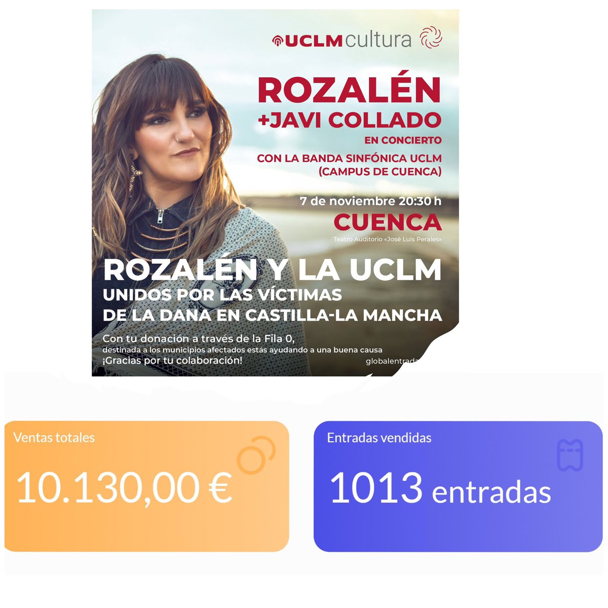 Ha llegado el día !!!

Conciertobenéfico de <a href="/UCLMcultura/">UCLM Cultura</a> “Unidos por las víctimas de la Dana en CLM”, en <a href="/AuditorioCuenca/">AuditorioCuenca</a> 

Gracias a <a href="/RozalenMusic/">Rozalén</a>, Javi Collado y a la banda universitaria de campus de Cuenca por hacerlo posible. 
No vamos a llegar a los 15.000€ en la fila 0?
