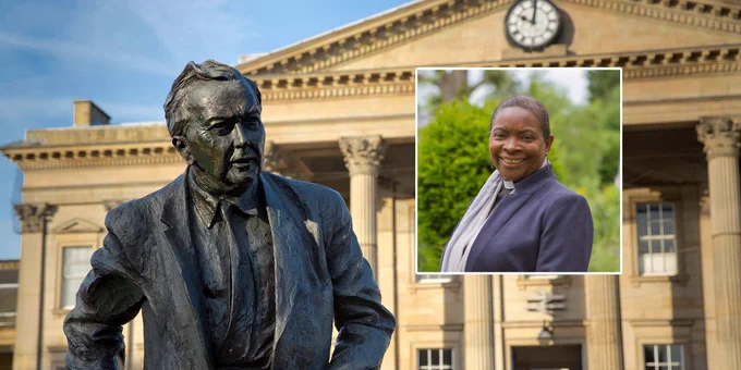 Statue of Harold Wilson in front of Huddersfield railway station, with an inset photo of a smiling Rt Revd Rose Hudson-Wilkin, Bishop of Dover in a suit.