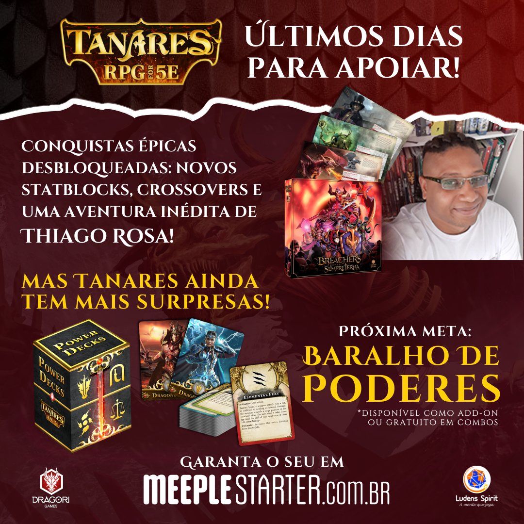 LUDENSSPIRIT's tweet photo. Últimos dias para fazer parte de #TanaresRPG! 🎲

Já temos aventuras épicas, monstros, heróis, crossovers e a aguardada aventura do @thiagorosa.bsky.social!

E tem mais: o baralho de poderes está chegando, grátis em vários combos!

Não fique de fora! ✨ https://t.co/bWXRUWmR7T https://t.co/YNLb50i3nz