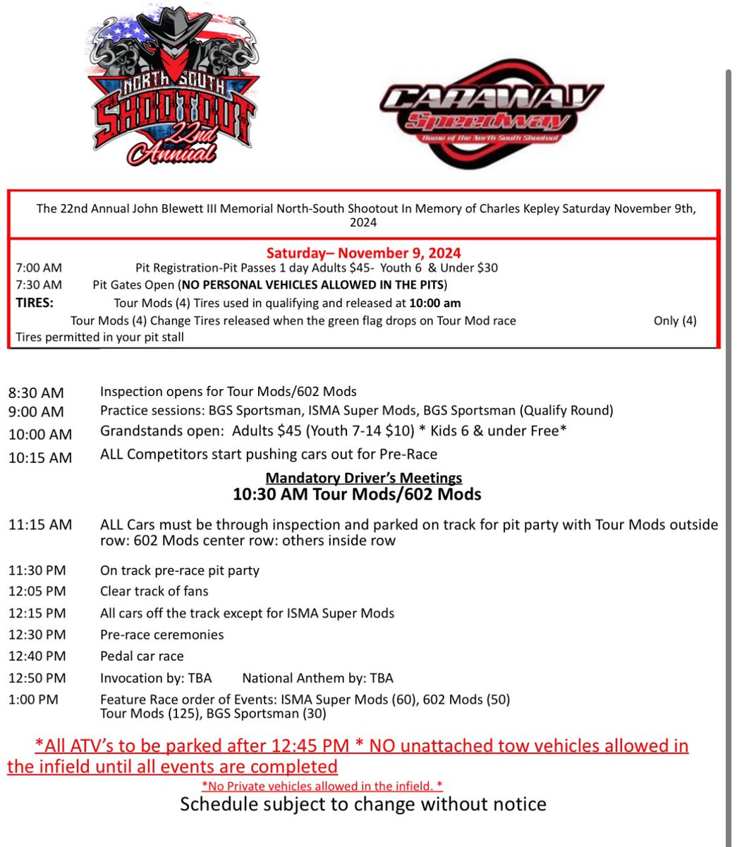 All Things Supermodified (@allthingssuperm) on Twitter photo OFFICIAL Schedule of Events for this weekends <a href="/NSSModifieds/">North South Shootout</a> North South Shootout event at <a href="/carawayspeedway/">Caraway Speedway</a> starting with todays Optional Practice ⬇️
<a href="/ISMAsupers/">ISMA-MSS Supermodifieds</a>
#Supermodifieds #NorthCarolina OFFICIAL Schedule of Events for this weekends <a href="/NSSModifieds/">North South Shootout</a> North South Shootout event at <a href="/carawayspeedway/">Caraway Speedway</a> starting with todays Optional Practice ⬇️
<a href="/ISMAsupers/">ISMA-MSS Supermodifieds</a>
#Supermodifieds #NorthCarolina