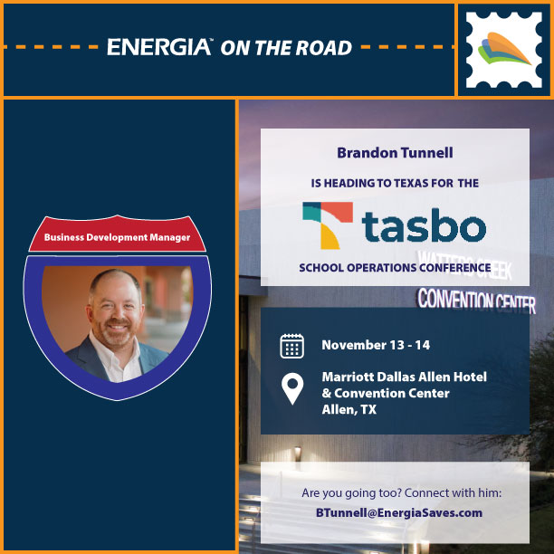 Brandon Tunnell will be exhibiting at the TASBO School Operations Conference! Visit him at Table 18 to learn about Energy Master Planning and discover how Energia’s services can help your district save money.

#energysavings #energymasterplanning