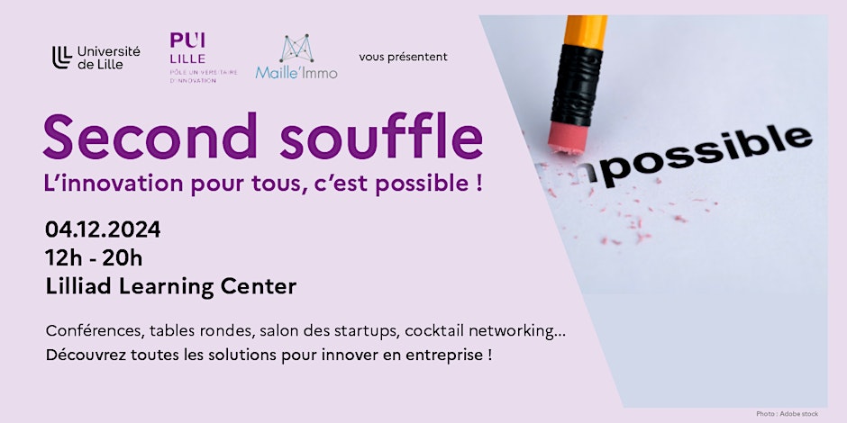 ✍️ Découvrez comment rendre l'innovation accessible à votre entreprise lors de "Second Souffle", une journée inspirante pour faire avancer vos projets innovants, organisée par l’Université de Lille et Maille'Immo.

📆 4 décembre
📍 <a href="/LILLIADlci/">LILLIAD</a>
🔗 newsroom.univ-lille.fr/actualite/seco…