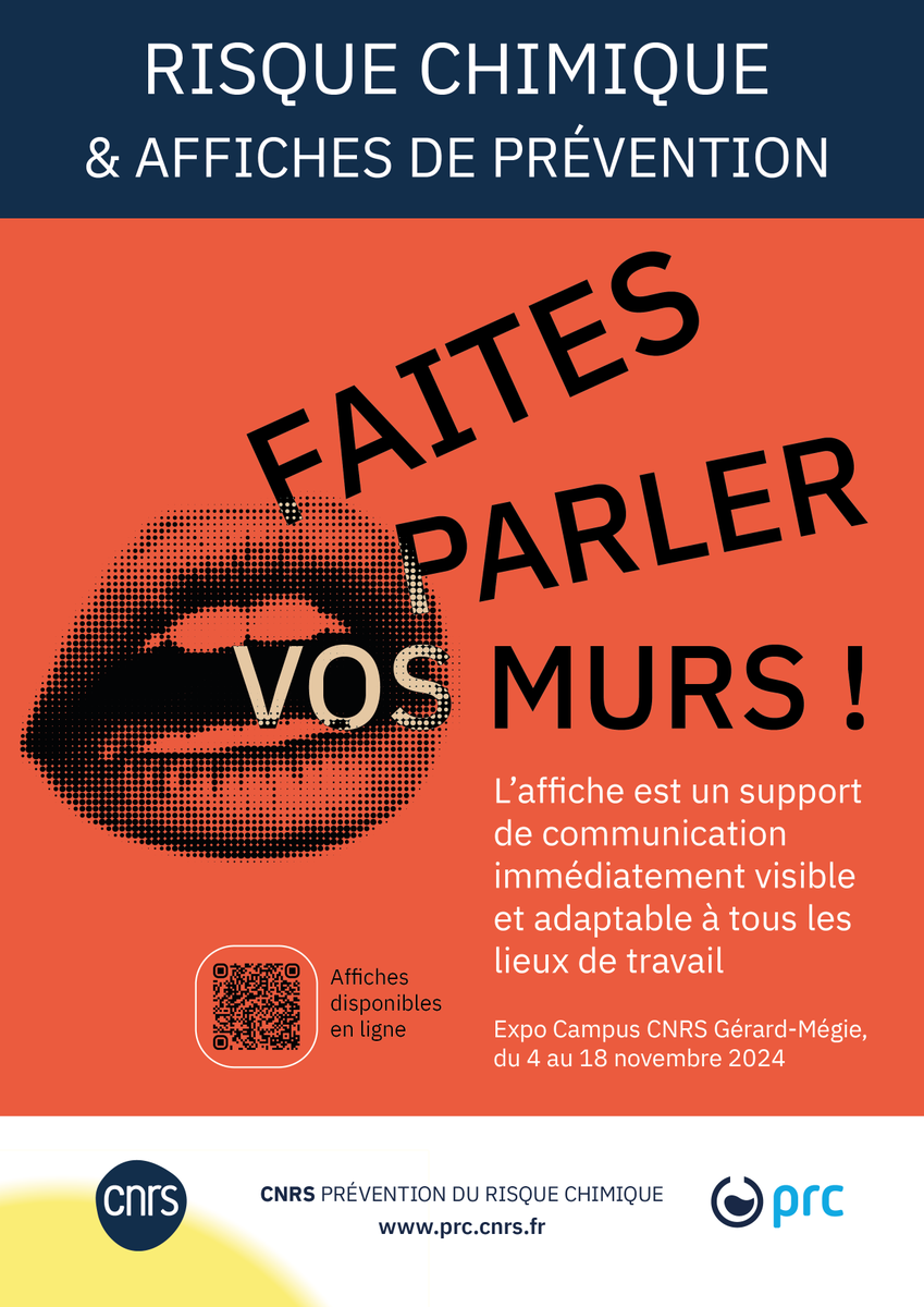 PRC_CNRS's tweet photo. Faites parler vos murs ! Nos affiches de prévention du risque chimique s’exposent du 4 au 18 novembre 2024 au siège du @CNRS, galerie du campus Gérard Mégie. 
https://t.co/eweXIh91Jx
@CNRSchimie https://t.co/25ghoGJN8K
