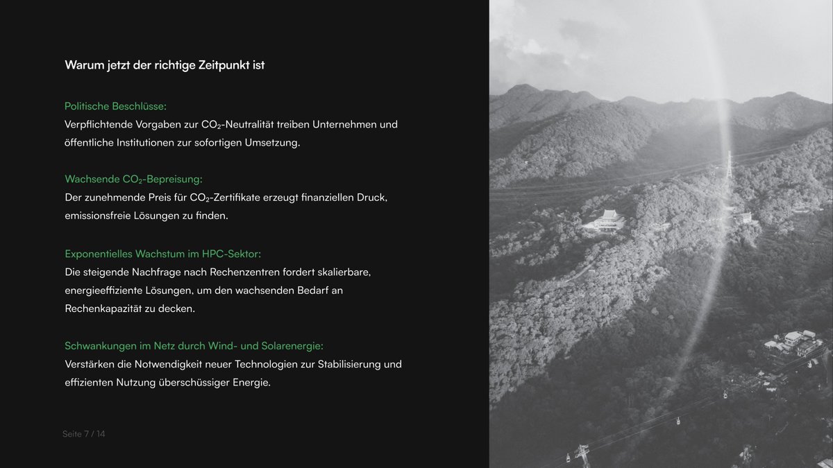 Unser Pitch ist fertig! 🚀

Wir sind stolz, einen exklusiven Sneak Peek unseres Pitches zu teilen – einen Einblick in die Zukunft der digitalen Infrastruktur und nachhaltigen Energieproduktion. 🌱💡

Neugierig? Möchten Sie mehr erfahren und den vollständigen Pitch einsehen? Dann