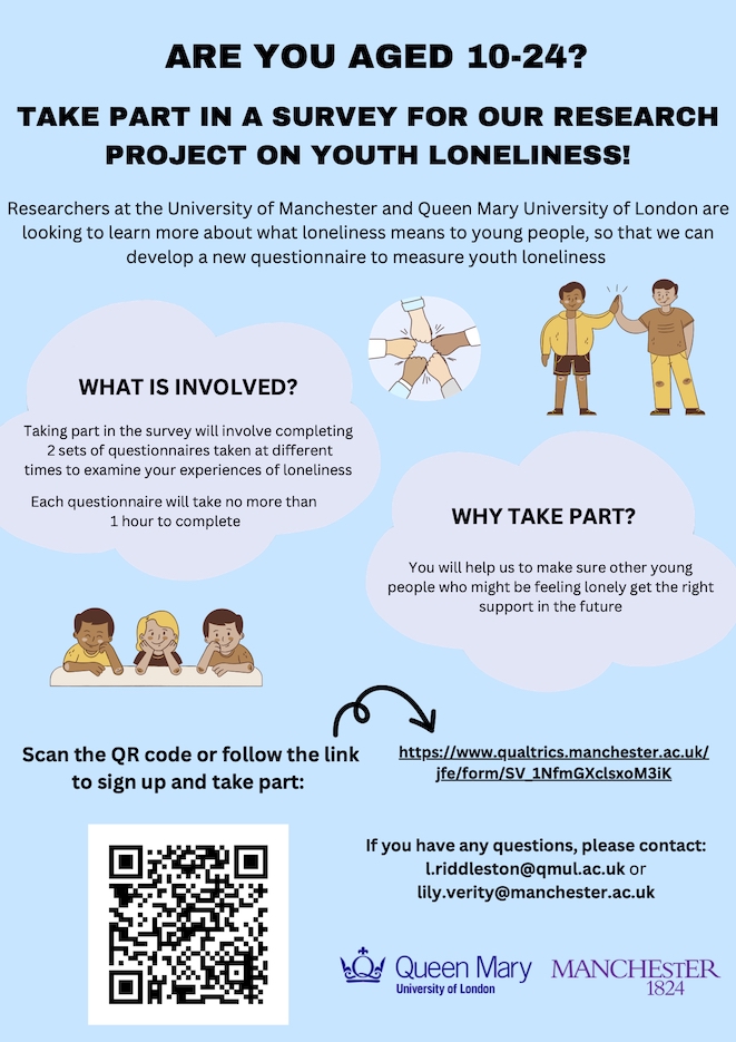 Are you aged 10-24? Take part in a survey for our research project on #youth #loneliness! Researchers at the University of Manchester &amp; Queen Mary University are looking to learn more about what loneliness means to young people - read &amp; share! qualtrics.manchester.ac.uk/jfe/form/SV_1N…