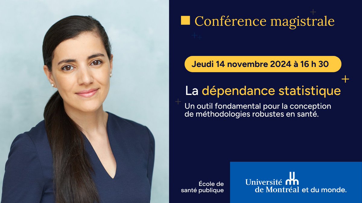 💬 Venez échanger en personne avec Bouchra Nasri le 14 novembre lors de sa conférence magistrale à l'ESPUM.

🎙️Figure incontournable de la biostastique Bouchra Nasri partagera son expertise en méthodologies statistiques appliquées à la santé publique. 

✅espum.umontreal.ca/lespum/eveneme…