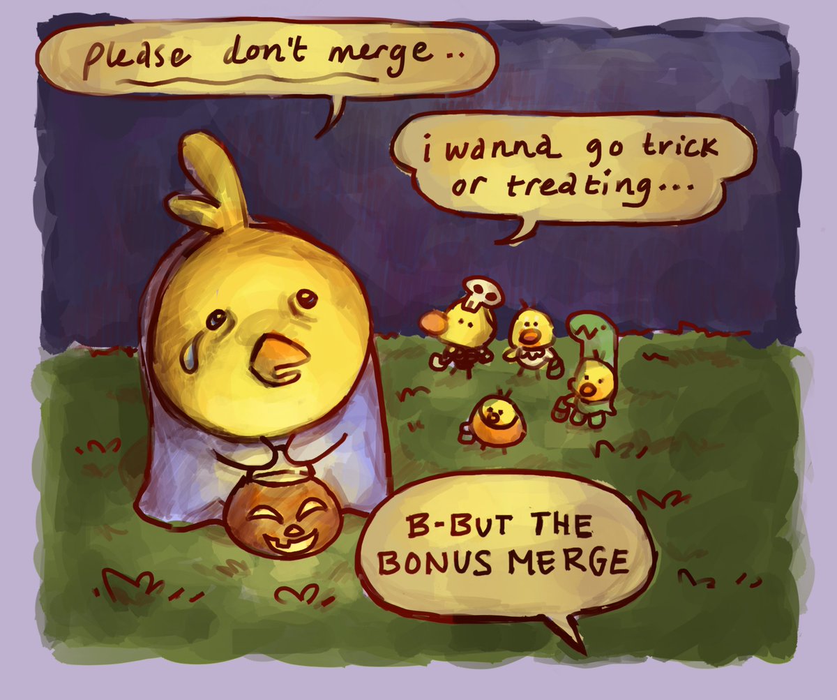 “Please farmer, don’t merge me” 🥺 along with a special Halloween version 🎃

We're almost going to feel bad now for merging Francine 😄

Thank you @/bootywhole (Discord) for this #FanArt! 🎨