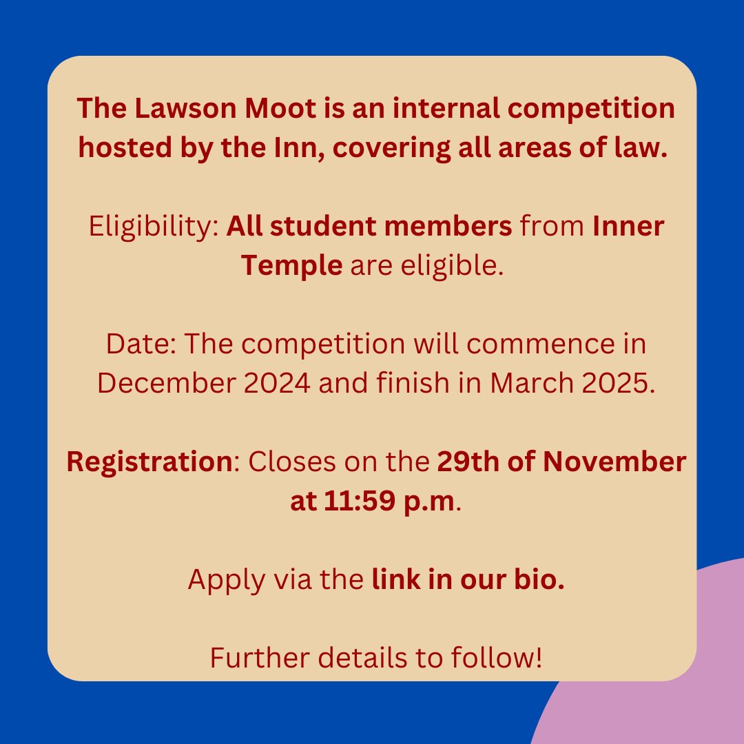 The Inner Temple Mooting Society (@innermooting) on Twitter photo ⭐️ Sign ups for our Lawson Moot are now open! ⭐️
docs.google.com/forms/d/1fSZl8…
<a href="/TheInnerTemple/">The Inner Temple</a> ⭐️ Sign ups for our Lawson Moot are now open! ⭐️
docs.google.com/forms/d/1fSZl8…
<a href="/TheInnerTemple/">The Inner Temple</a>