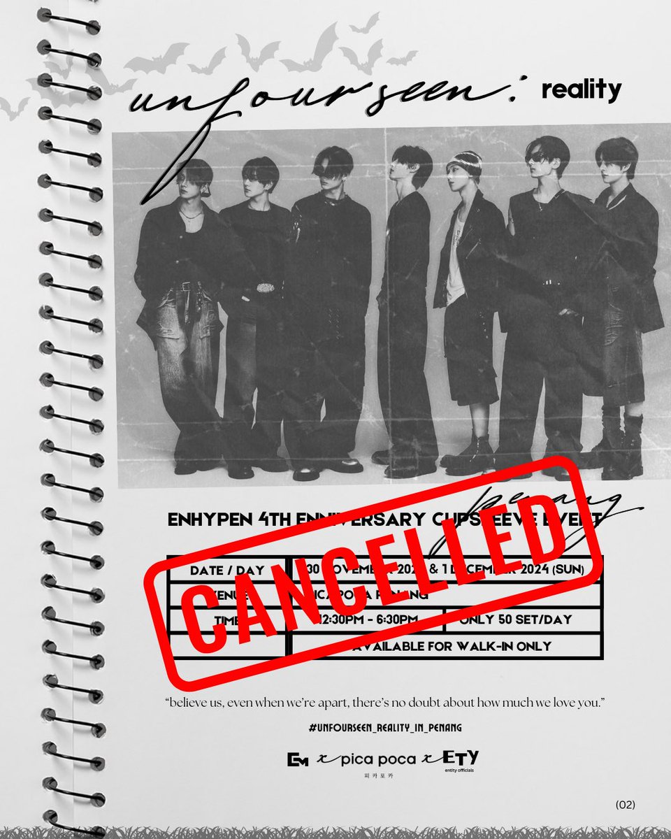 ENHYPENMalaysia's tweet photo. Bad news MY-ENGENEs!

Unfortunately, we are CANCELLING the event in Penang. We are very sorry for any inconvenience (and dissapointment) that we have caused. But no worries, there will be other events that will be held in Penang. 

Sorry once again. https://t.co/uykmVeZePM